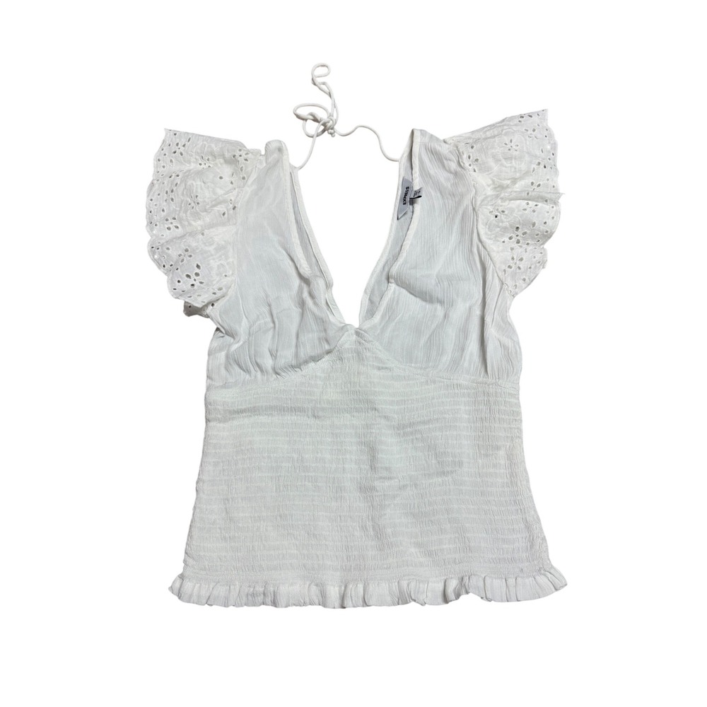 Express White Eyelet Flutter Sleeve Smocked Tank